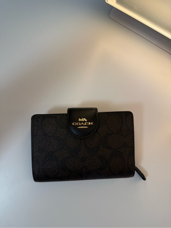 Coach Handbags - Coach Dark Brown and Black Compact Wallet with Gold Logo